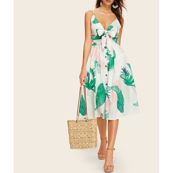 MBM Unlimited Dresses & Skirts - White Leaf Print Cut Out Button Down Midi Dress